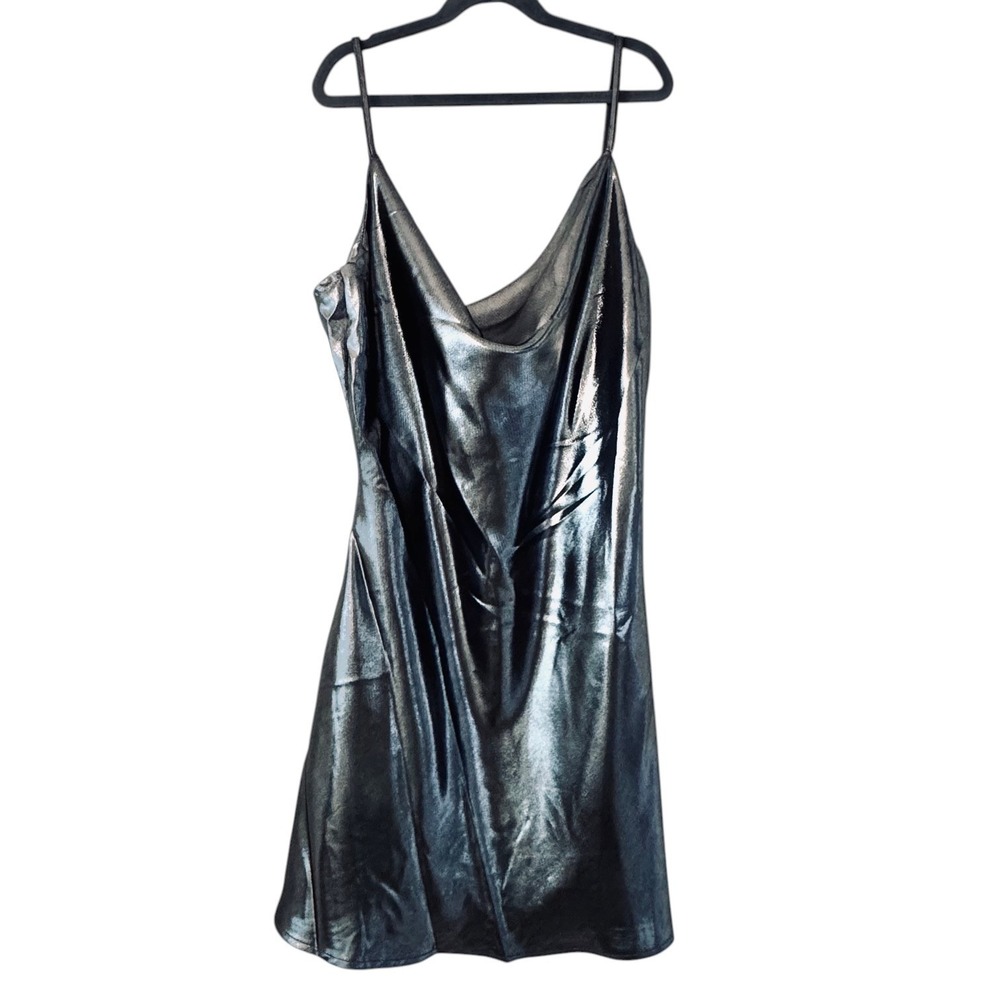 Glam LA NWT Size Medium Metallic Gunmetal Cowl Neck Mini Slip Dress Y2K Party
